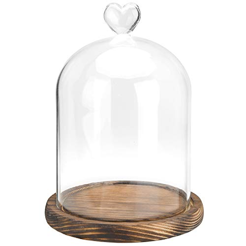 MyGift 6 Inch Small Clear Glass Cloche Bell Jar Display Case with Heart Top Handle and Dark Brown Wooden Base