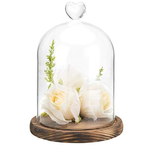 MyGift 6 Inch Small Clear Glass Cloche Bell Jar Display Case with Heart Top Handle and Dark Brown Wooden Base