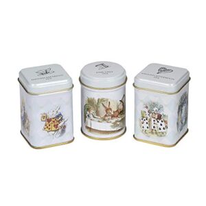 alice in wonderland 3x mini tea tins with assorted english loose leaf tea