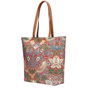 signare tapestry shoulder bag tote bag for women with red flower and bird william morris strawberry thief design (shou-strd)