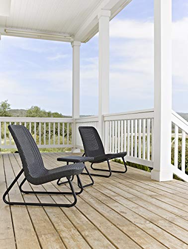 Keter Resin Wicker Patio Furniture Set with Side Table and Outdoor Chairs, Dark Grey