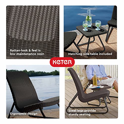 Keter Resin Wicker Patio Furniture Set with Side Table and Outdoor Chairs, Dark Grey