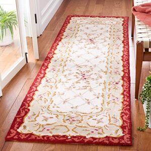 SAFAVIEH Chelsea Collection 2'6" x 8' Ivory / Burgundy HK73A Hand-Hooked French Country Wool Runner Rug