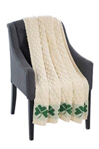 saol 100% merino wool shamrock aran throw irish blanket cable honeycomb knit 58″ x 40″ (147 x 102 cm)