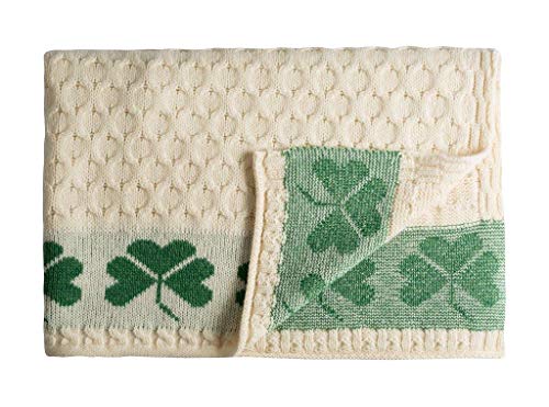 SAOL 100% Merino Wool Shamrock Aran Throw Irish Blanket Cable Honeycomb Knit 58" x 40" (147 x 102 cm)