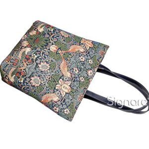 Signare Tapestry Shoulder Bag Tote Bag for Women with Blue Flower and Bird William Morris Strawberry Thief Design (SHOU-STBL)