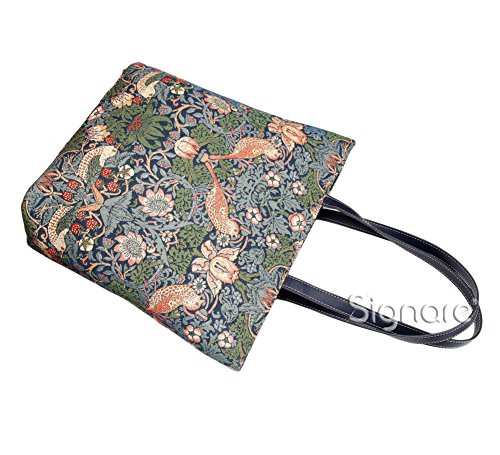 Signare Tapestry Shoulder Bag Tote Bag for Women with Blue Flower and Bird William Morris Strawberry Thief Design (SHOU-STBL)