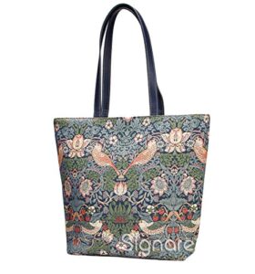 signare tapestry shoulder bag tote bag for women with blue flower and bird william morris strawberry thief design (shou-stbl)