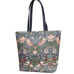 Signare Tapestry Shoulder Bag Tote Bag for Women with Blue Flower and Bird William Morris Strawberry Thief Design (SHOU-STBL)