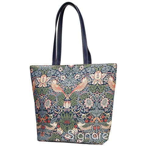 Signare Tapestry Shoulder Bag Tote Bag for Women with Blue Flower and Bird William Morris Strawberry Thief Design (SHOU-STBL)