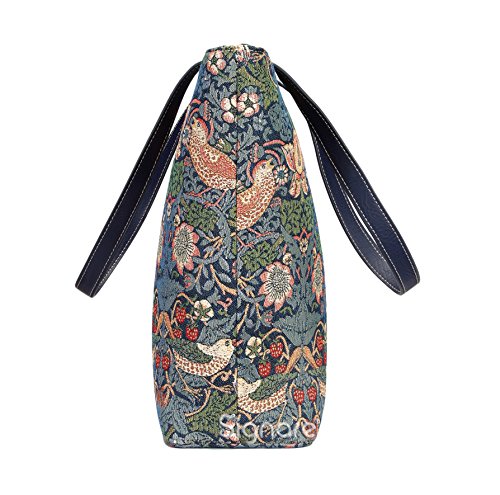 Signare Tapestry Shoulder Bag Tote Bag for Women with Blue Flower and Bird William Morris Strawberry Thief Design (SHOU-STBL)