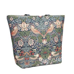 Signare Tapestry Shoulder Bag Tote Bag for Women with Blue Flower and Bird William Morris Strawberry Thief Design (SHOU-STBL)