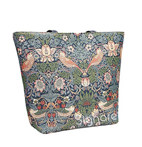 Signare Tapestry Shoulder Bag Tote Bag for Women with Blue Flower and Bird William Morris Strawberry Thief Design (SHOU-STBL)