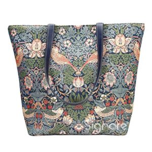 Signare Tapestry Shoulder Bag Tote Bag for Women with Blue Flower and Bird William Morris Strawberry Thief Design (SHOU-STBL)