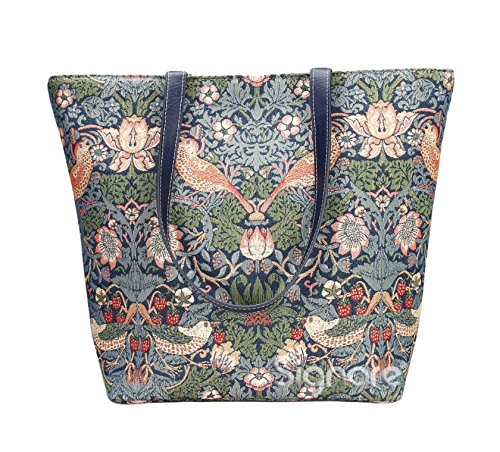 Signare Tapestry Shoulder Bag Tote Bag for Women with Blue Flower and Bird William Morris Strawberry Thief Design (SHOU-STBL)