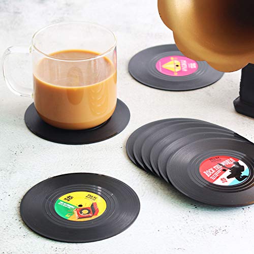 Funny Coasters for Drinks | Set of 12 Vinyl Records Disk Music Lover Drink Coaster Conversation | Housewarming Hostess Gifts, Unique House Warming Present Decor Decorations Wedding Registry Gift Ideas