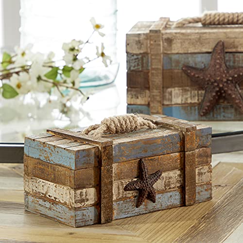 Deco 79 Wood Starfish Handmade Distressed Box with Knotted Rope Details, Set of 2 10", 7"W, Brown