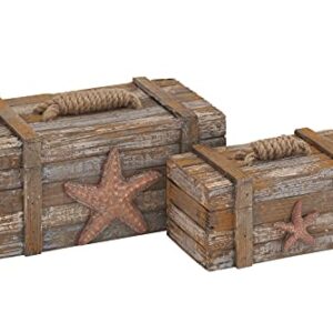 Deco 79 Wood Starfish Handmade Distressed Box with Knotted Rope Details, Set of 2 10", 7"W, Brown