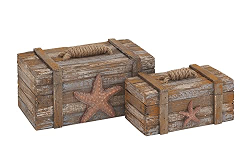 Deco 79 Wood Starfish Handmade Distressed Box with Knotted Rope Details, Set of 2 10", 7"W, Brown