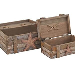 Deco 79 Wood Starfish Handmade Distressed Box with Knotted Rope Details, Set of 2 10", 7"W, Brown