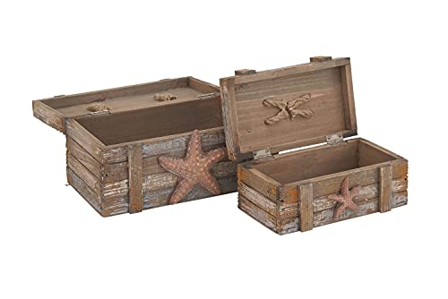 Deco 79 Wood Starfish Handmade Distressed Box with Knotted Rope Details, Set of 2 10", 7"W, Brown