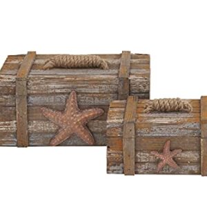 Deco 79 Wood Starfish Handmade Distressed Box with Knotted Rope Details, Set of 2 10", 7"W, Brown