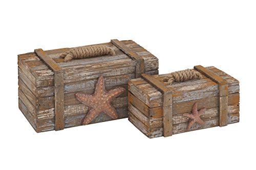 Deco 79 Wood Starfish Handmade Distressed Box with Knotted Rope Details, Set of 2 10", 7"W, Brown