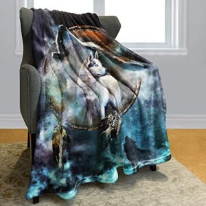hommomh 60″ x 80″ blanket comfort cozy soft warm throw one sides bidding dreamcatcher cool wolf howling moon animal