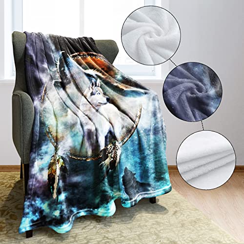 HommomH 60" x 80" Blanket Comfort Cozy Soft Warm Throw One Sides Bidding Dreamcatcher Cool Wolf Howling Moon Animal