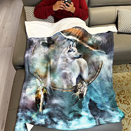 HommomH 60" x 80" Blanket Comfort Cozy Soft Warm Throw One Sides Bidding Dreamcatcher Cool Wolf Howling Moon Animal