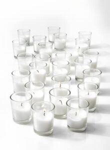 serene spaces living 10-hour votive candle set of 100 – white unscented candles with clear glass holders, ideal for weddings, parties, events, 2″ tall and 1.75″ diameter