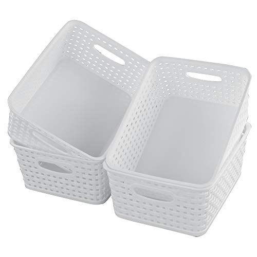 Cand 4 Packs Plastic Weave Storage Basket, 10.08" x 7.67" x 4.05", White