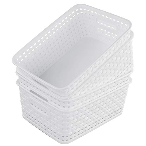 Cand 4 Packs Plastic Weave Storage Basket, 10.08" x 7.67" x 4.05", White