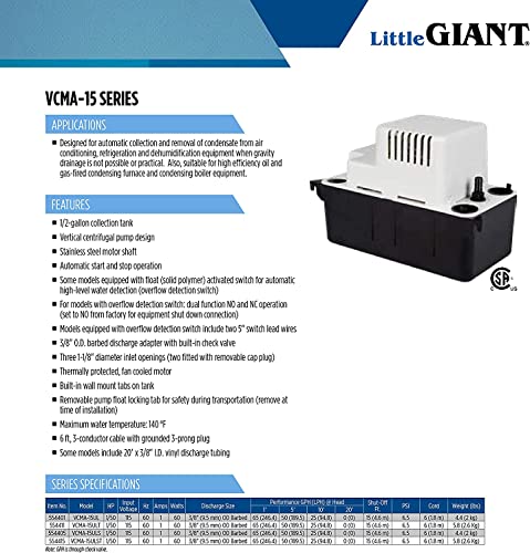 Little Giant VCMA-15ULST 115 Volt, 65 GPH, 1/50 HP Automatic Condensate Removal Pump with Safety Switch and Tubing, Black/White, 554415