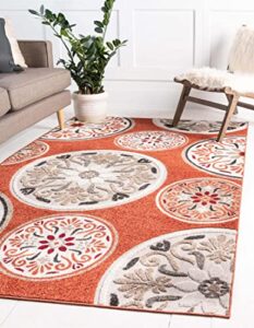 unique loom modern collection floral, geometric, abstract, bright colors, indoor and outdoor area rug, 5 ft x 8 ft, terracotta/beige