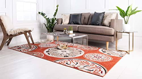 Unique Loom Modern Collection Floral, Geometric, Abstract, Bright Colors, Indoor and Outdoor Area Rug, 5 ft x 8 ft, Terracotta/Beige