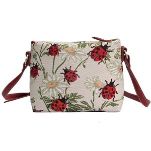 signare tapestry crossbody purse small shoulder bag for women with red ladybug and daisy design (xb02-ldbd)