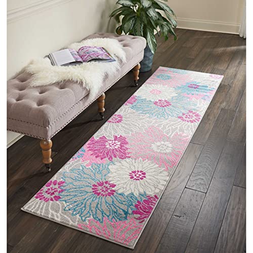 Nourison Passion Grey 2'2" x 7'6" Area -Rug, Floral, Farmhouse, Easy -Cleaning, Non Shedding, Bed Room, Living Room, Dining Room, Kitchen, (8' Runner)