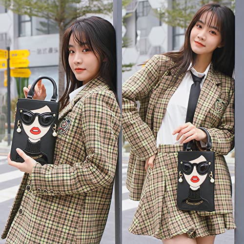 ENJOININ Women Novelty Lady Face Shoulder Bags Funky PU Leather Top Handle Satchel Handbags Clutch Purse for Women (black-1A)