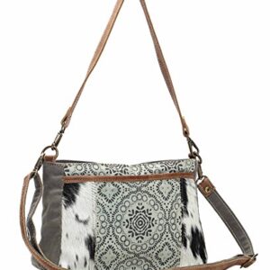 Myra Bag Dual Strap Cowhide & Upcycled Canvas Bag S-1149, Brown, One Size