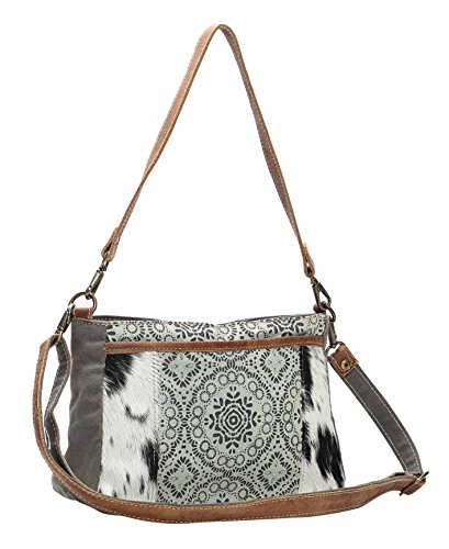 Myra Bag Dual Strap Cowhide & Upcycled Canvas Bag S-1149, Brown, One Size