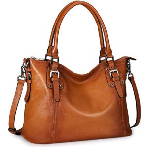 S-ZONE Women's Vintage Genuine Leather Tote Handbag Large Crossbody Bag Shoulder Purse with Zipper Pocket Outside (Medium-Brown)