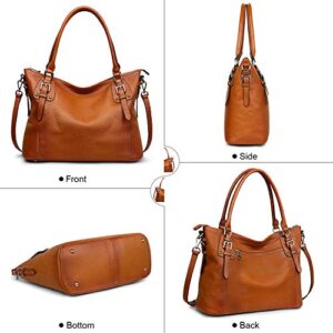 S-ZONE Women's Vintage Genuine Leather Tote Handbag Large Crossbody Bag Shoulder Purse with Zipper Pocket Outside (Medium-Brown)