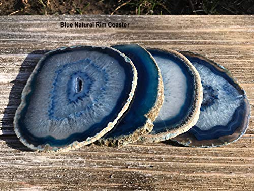 Agate Coasters set of 4 - Blue Colored Agate Coasters - Natural Rim - Bumpers