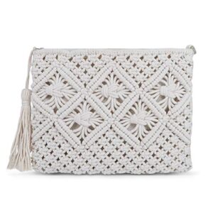 qtkj women’s summer beach straw crochet clutch bag woven envelope tassel bag with zipper (white)