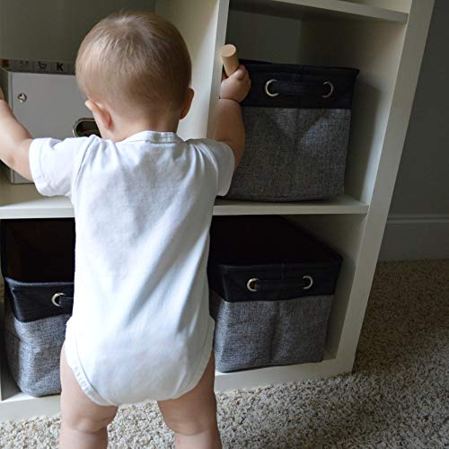 EZOWare Set of 3 Large Canvas Fabric Tweed Storage Organizer Cube Set W/Handles for Nursery Kids Toddlers Home and Office - 15 L x 10.5 W x 9.4 H -Black/Gray