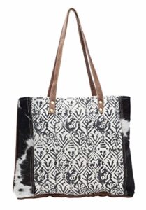 myra bag cotton & cowhide upcycled canvas tote bag s-1136
