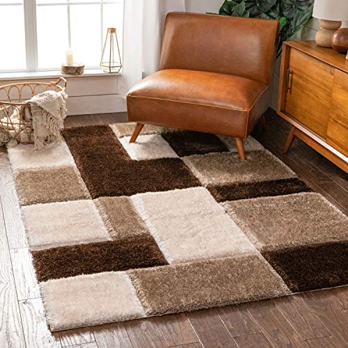 Well Woven Ella Brown Geometric Boxes Thick Soft Plush 3D Textured Shag Area Rug 4x6 (3'11" x 5'3")