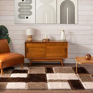 Well Woven Ella Brown Geometric Boxes Thick Soft Plush 3D Textured Shag Area Rug 4x6 (3'11" x 5'3")