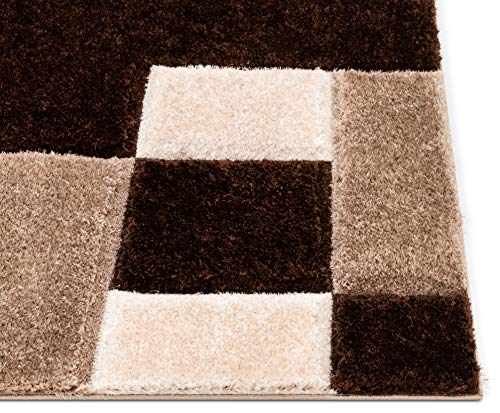 Well Woven Ella Brown Geometric Boxes Thick Soft Plush 3D Textured Shag Area Rug 4x6 (3'11" x 5'3")